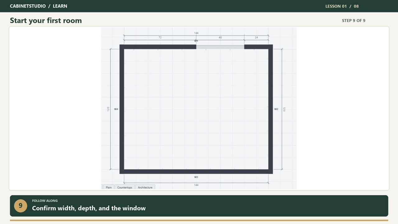 Measured room and window in the CabinetStudio first-room video