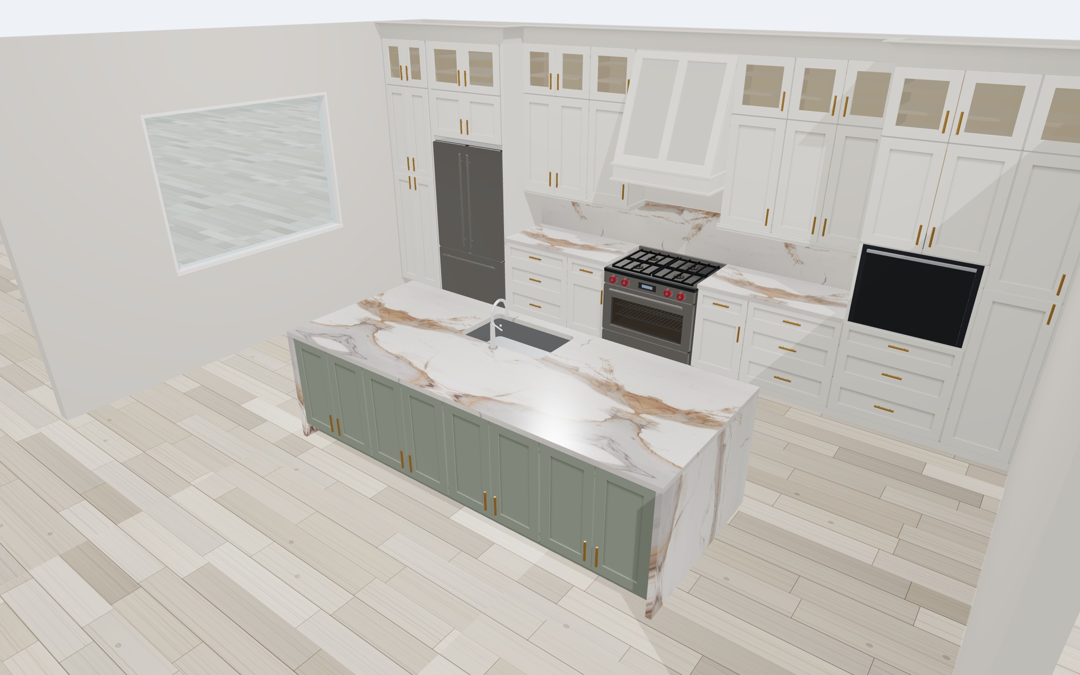 CabinetStudio rendering of a white shaker kitchen with a sage island, Calacatta Gold countertop and stone waterfall ends