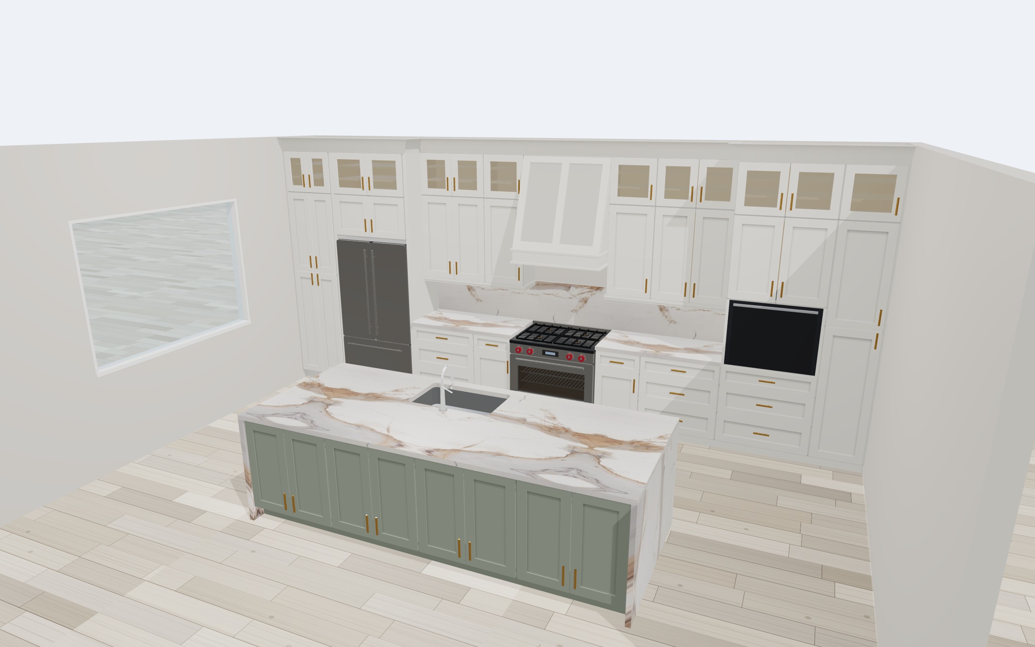 Actual CabinetStudio 3D view of the Signature Kitchen, with stacked glass cabinets, shaker hood, and sage island