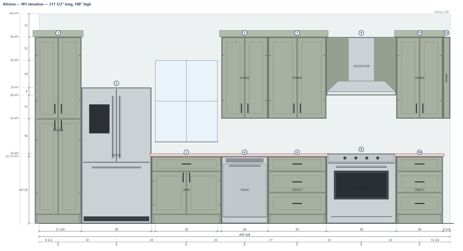 CabinetStudio wall elevation with chain dimensions, mounting heights and appliance callouts