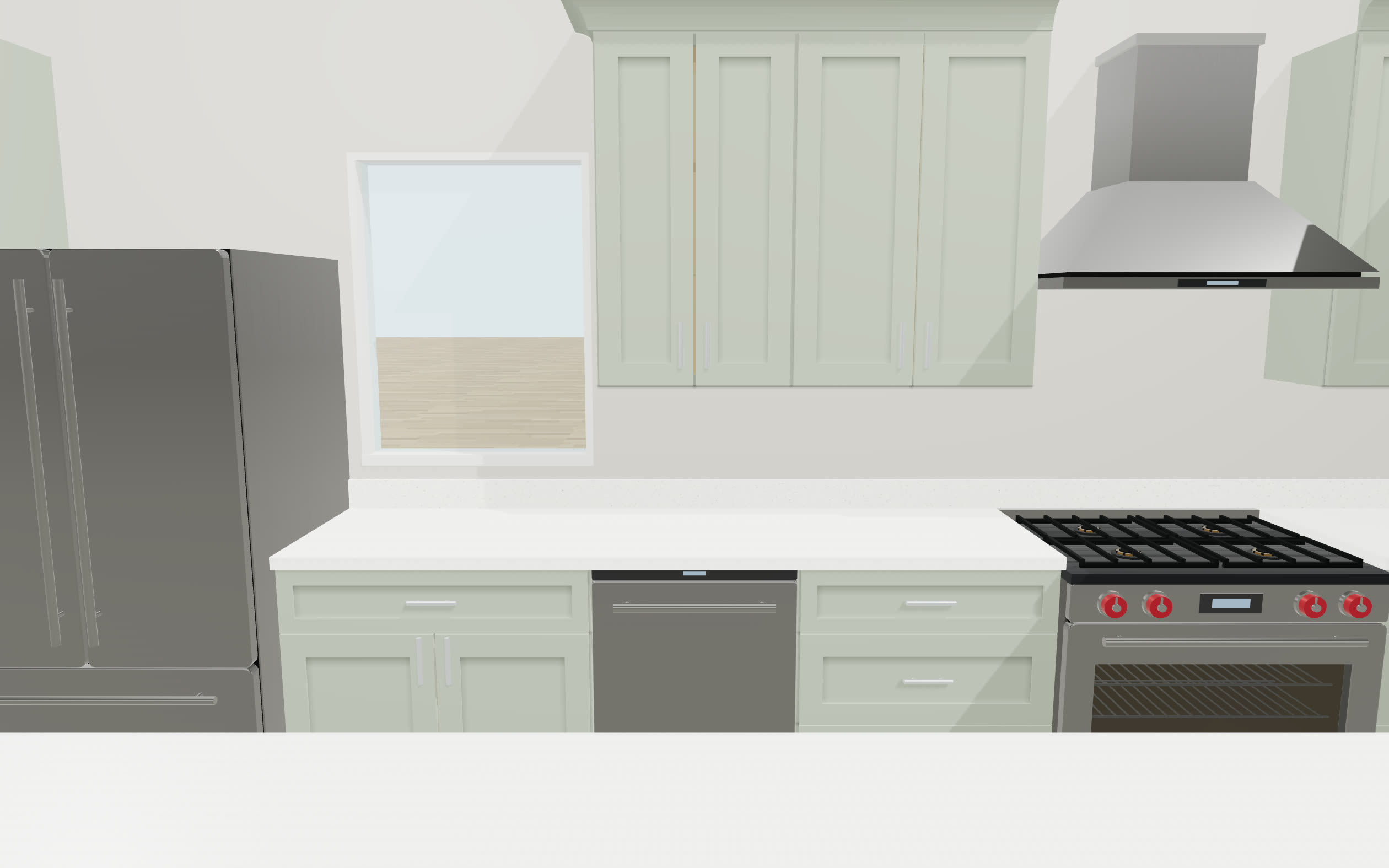 A sage-green kitchen designed in CabinetStudio — pro range, hood and quartz counters rendered in 3D