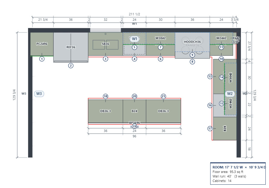 CabinetStudio floor plan with dimension chains, cabinet callouts and an island